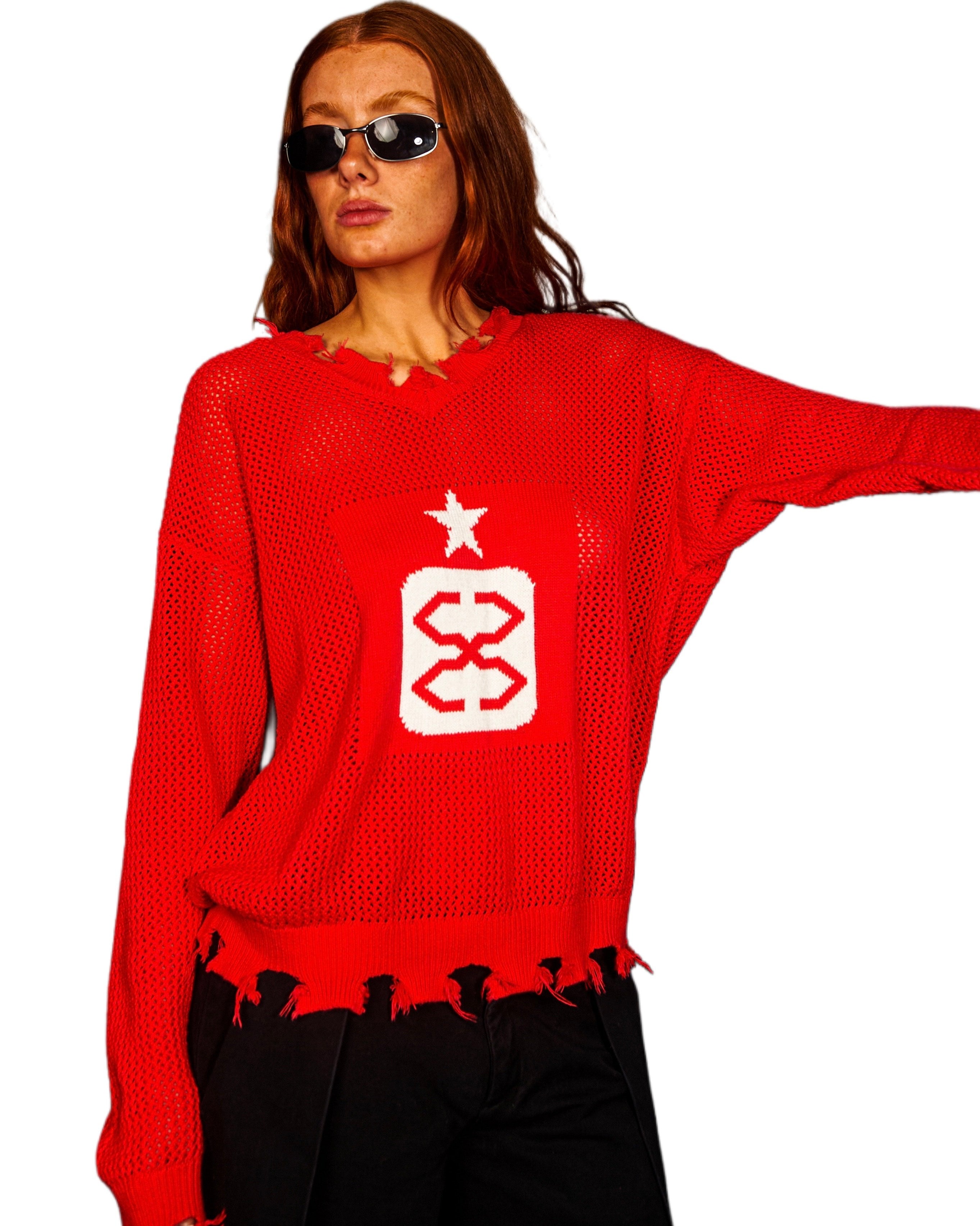 Distressed Mesh Logo Sweater in Red
