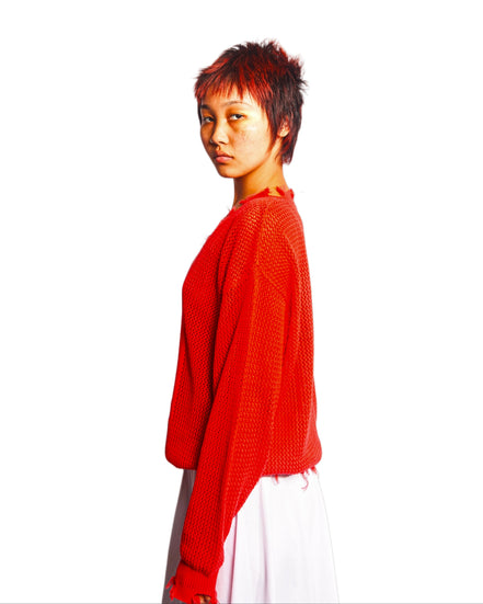 Distressed Mesh Logo Sweater in Red