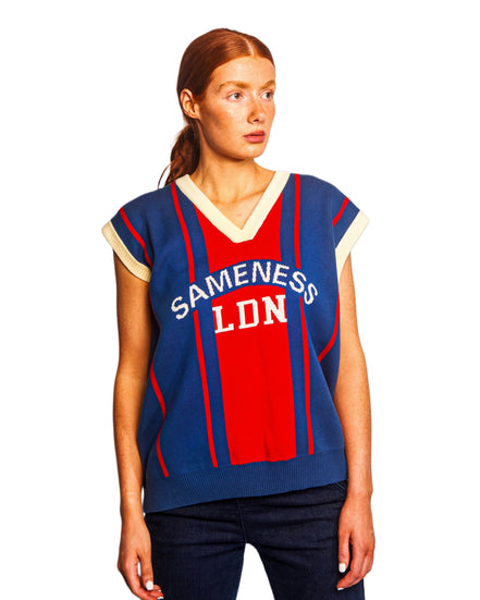 Striped Sleeveless Jacquard Vest in Red & Blue