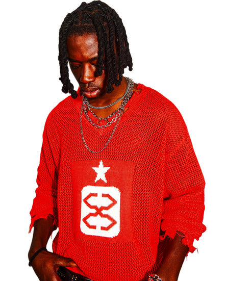 Distressed Mesh Logo Sweater in Red