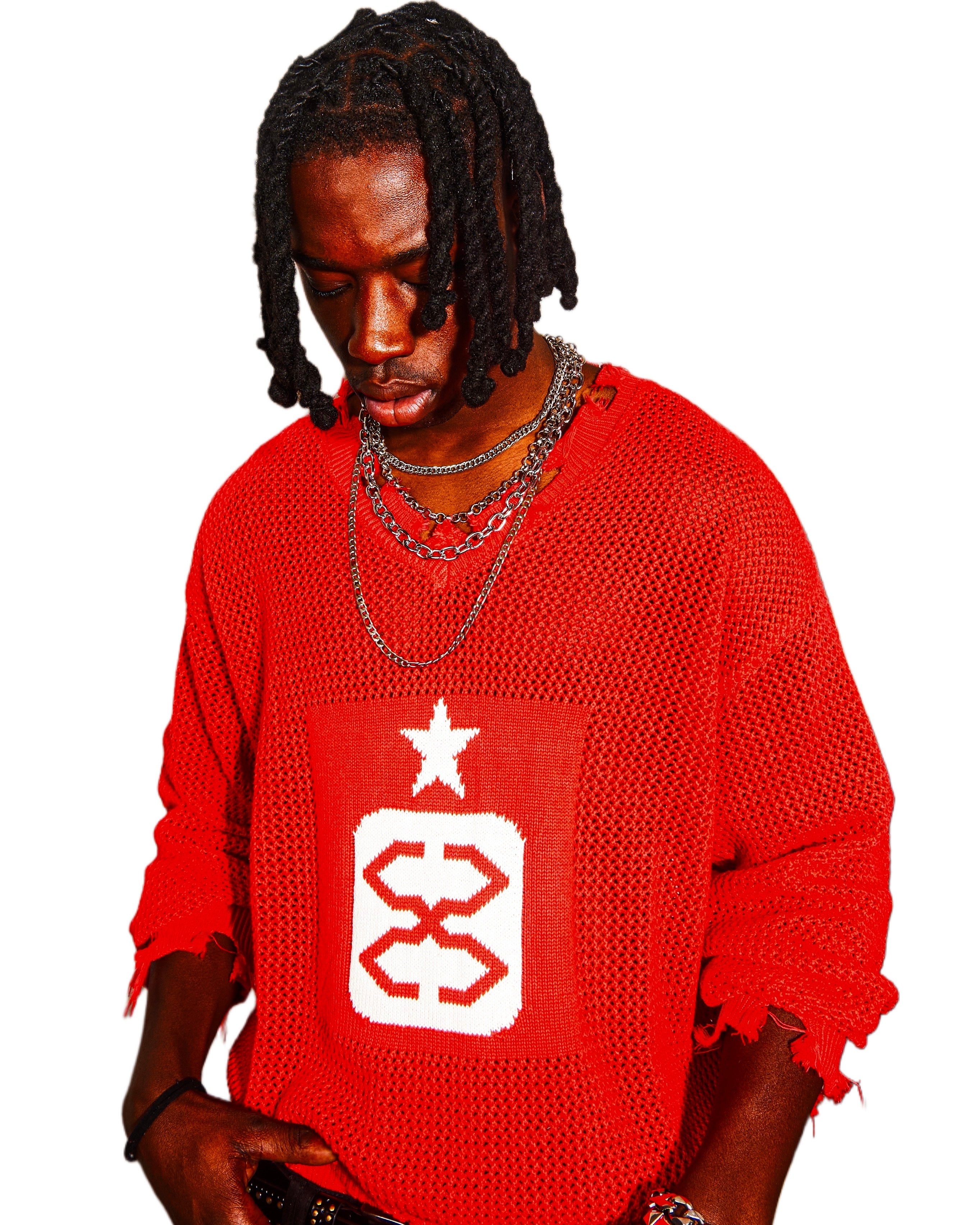 Distressed Mesh Logo Sweater in Red