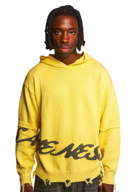 Distressed Jacquard Hoodie in Yellow