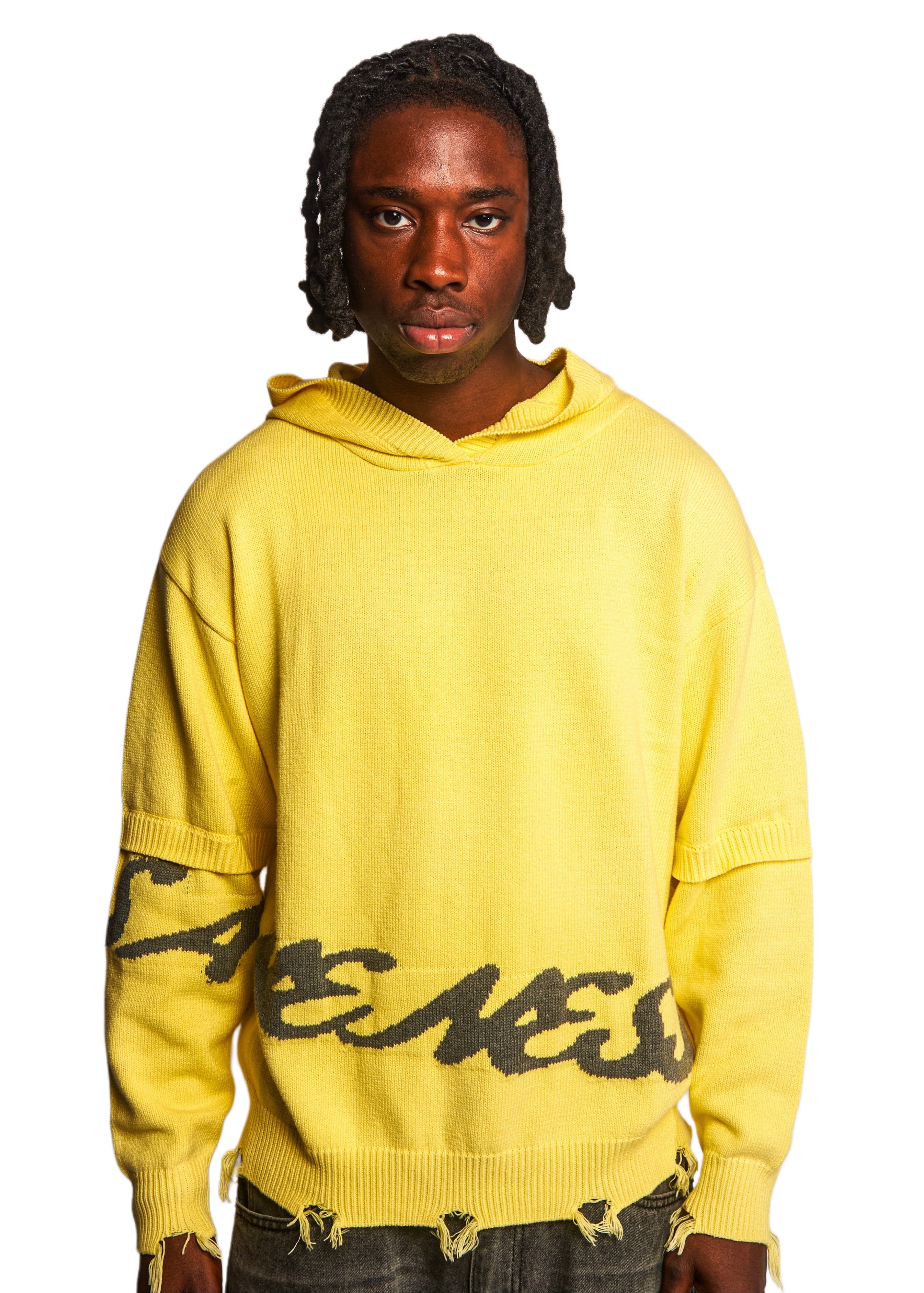 Distressed Jacquard Hoodie in Yellow