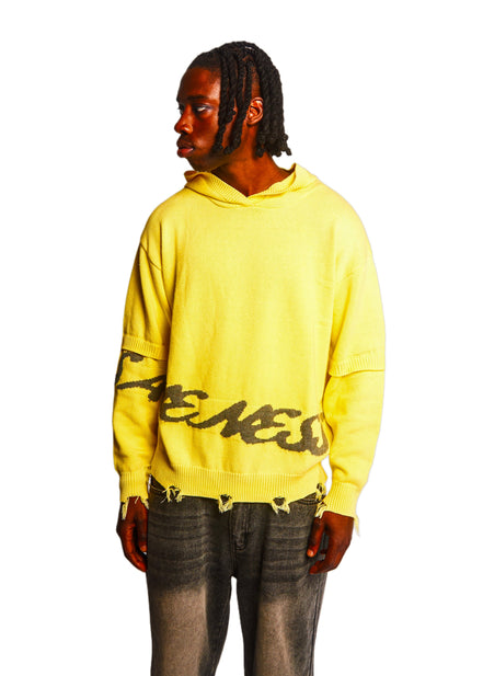 Distressed Jacquard Hoodie in Yellow