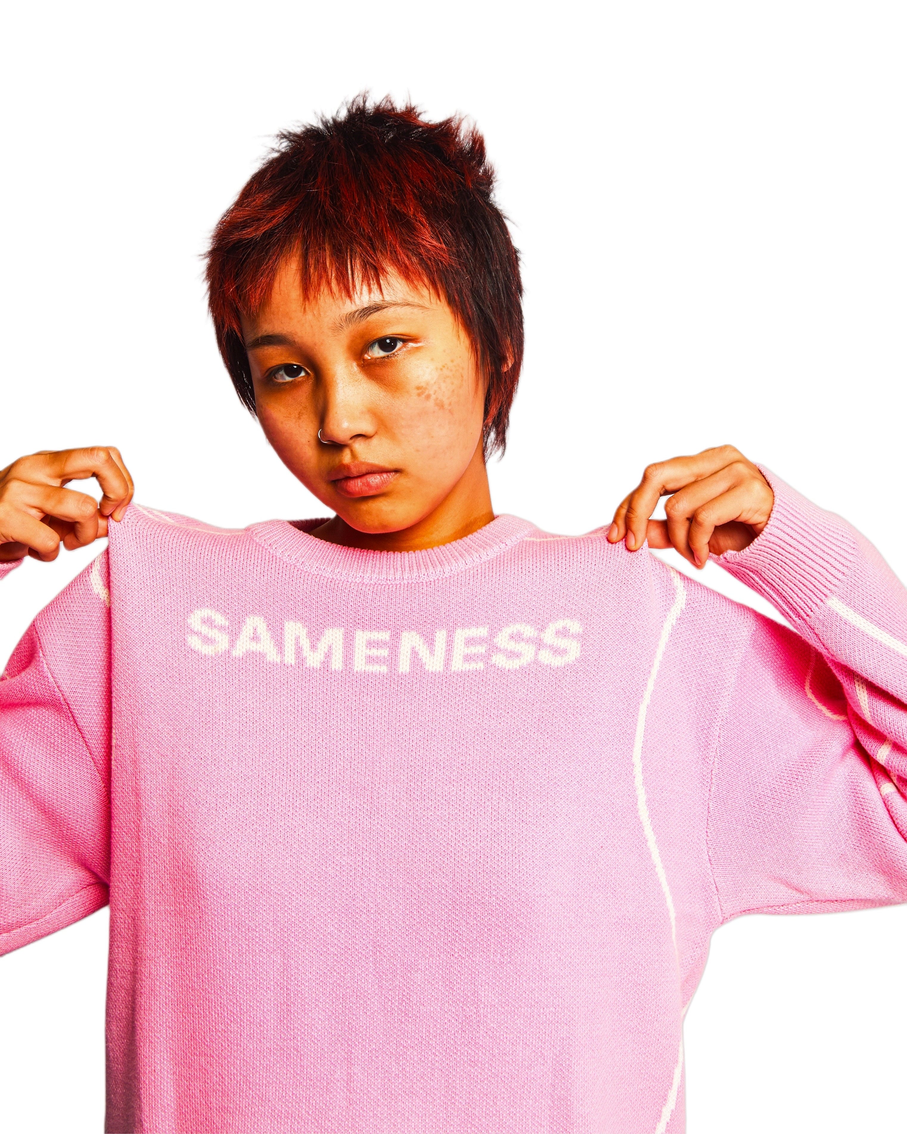 Pink Graphic Jacquard Cotton Crewneck Sweater