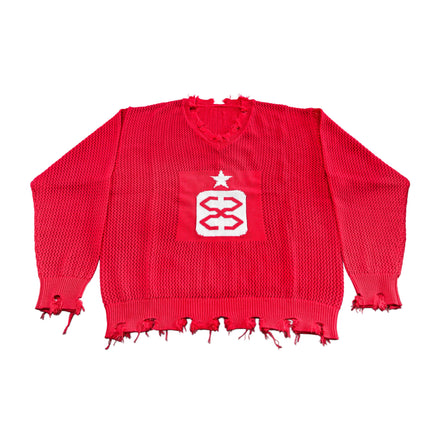 Distressed Mesh Logo Sweater in Red