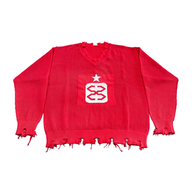 Distressed Mesh Logo Sweater in Red