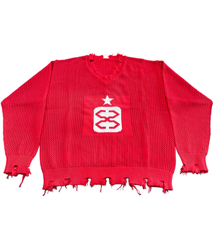 Distressed Mesh Logo Sweater in Red