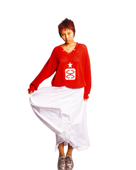 Distressed Mesh Logo Sweater in Red