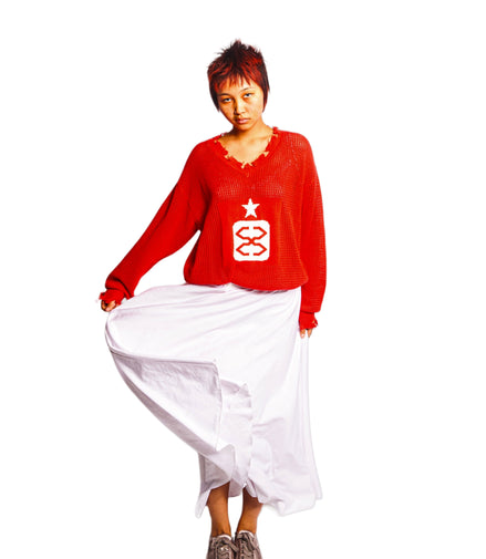 Distressed Mesh Logo Sweater in Red