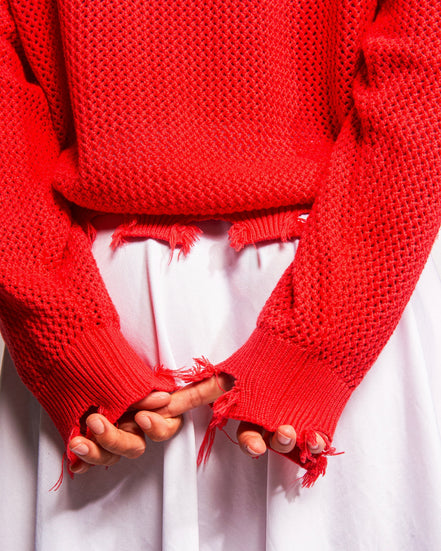 Distressed Mesh Logo Sweater in Red